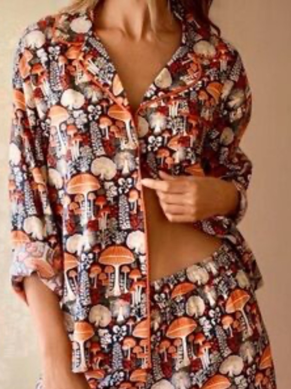 Anthropologie Black Shirt with Orange & Cream Mushroom Print Cotton Blend  M